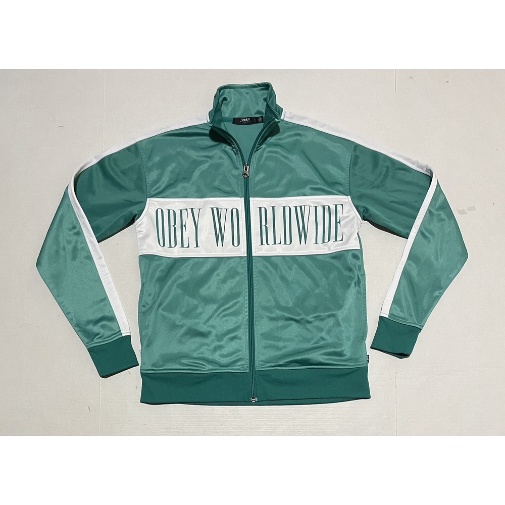 Obey Worldwide Track Jacket Green‎ White Full Zip Men's Small Streetwear